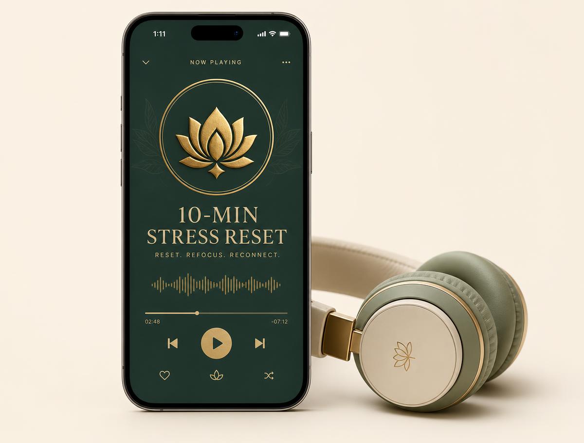 10-Minute Stress Reset audio playing on a phone with headphones